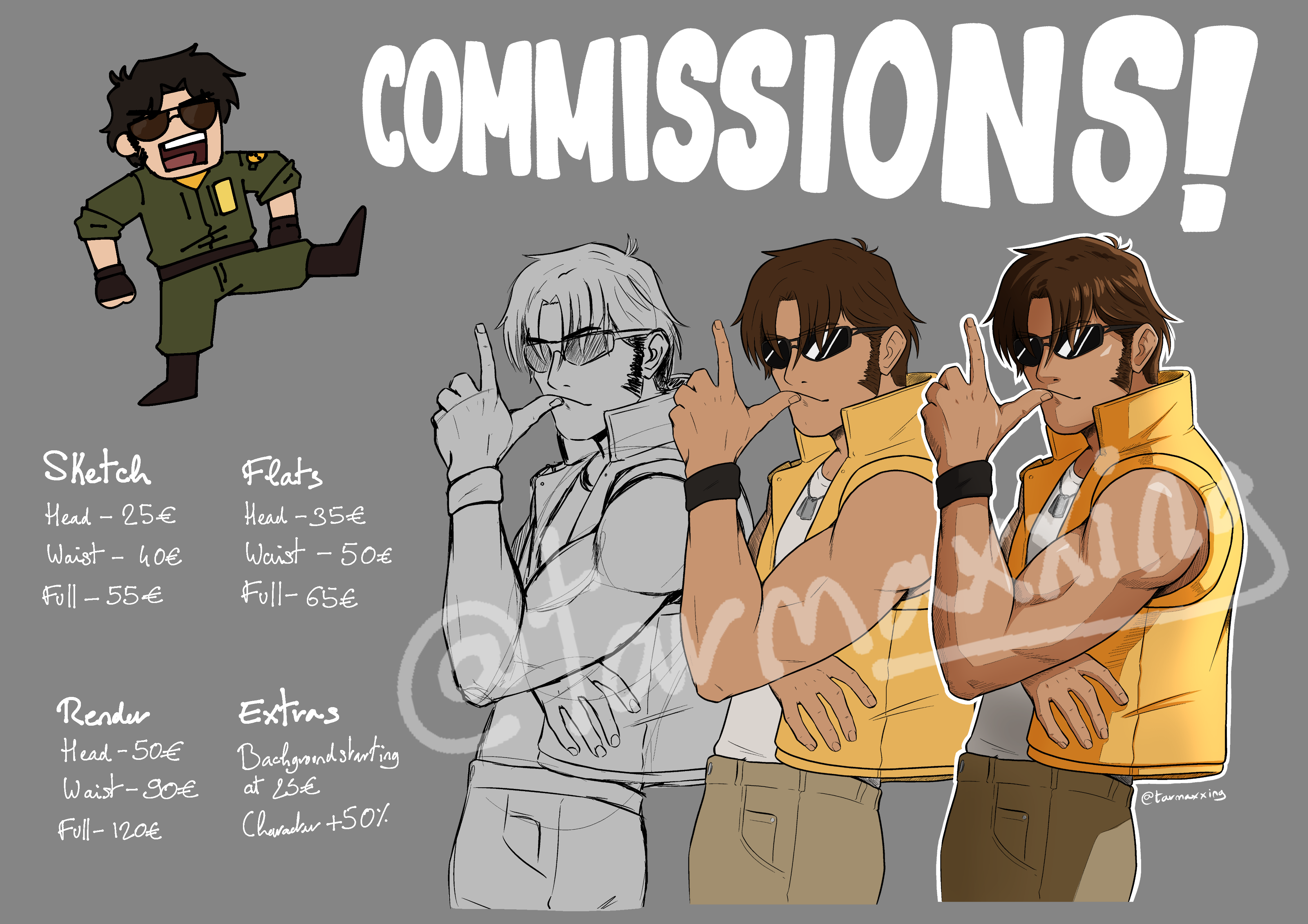 A commission sheet from the [BARRACKS] featuring various artworks with different prices and levels of finish